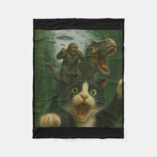 Funny Surprised Scared Cat Selfie T-rex Dinosaur B Fleece Blanket