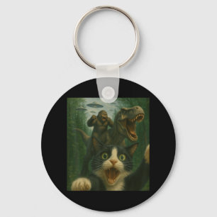 Funny Surprised Scared Cat Selfie T-rex Dinosaur B Keychain