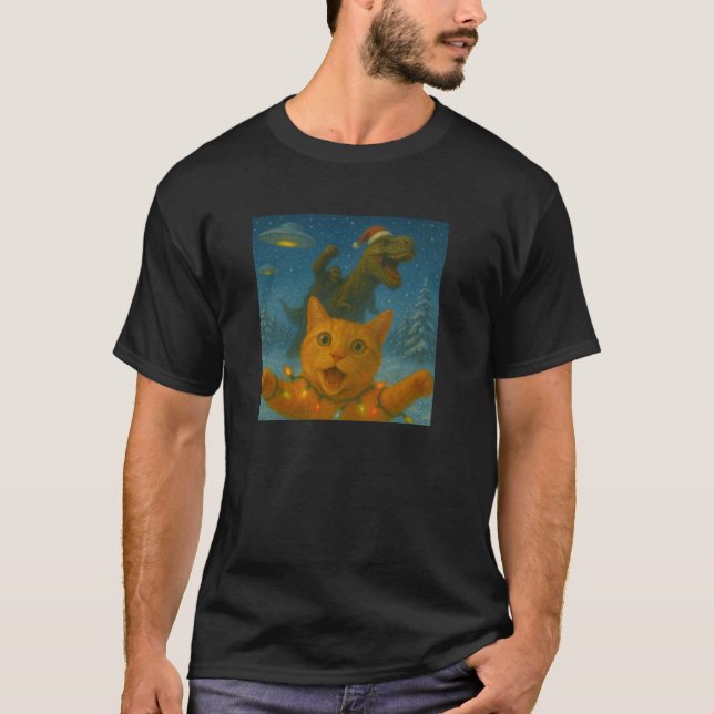 Funny Surprised Scared Cat Selfie T Rex Dinosaur B T-Shirt (Front)