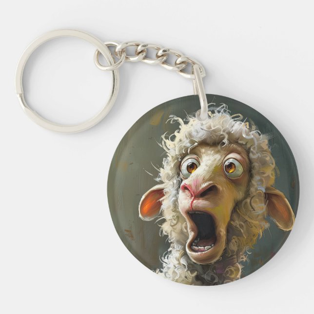 Funny Surprised Sheep Whimsical Animal Expression Keychain (Front)
