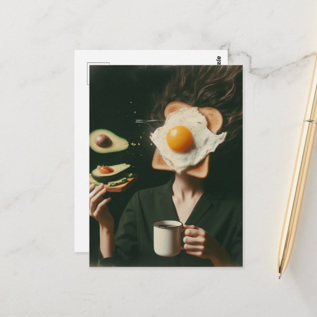 Funny Surreal Avocado Toast and Coffee woman  Postcard (Front/Back In Situ)
