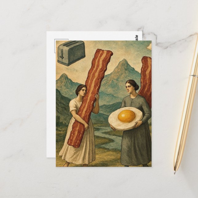 Funny Surreal Breakfast Women Bacon and Eggs Postcard (Front/Back In Situ)