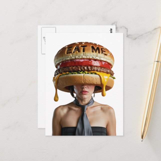 Funny Surreal Cheesburger Woman Postcard (Front/Back In Situ)
