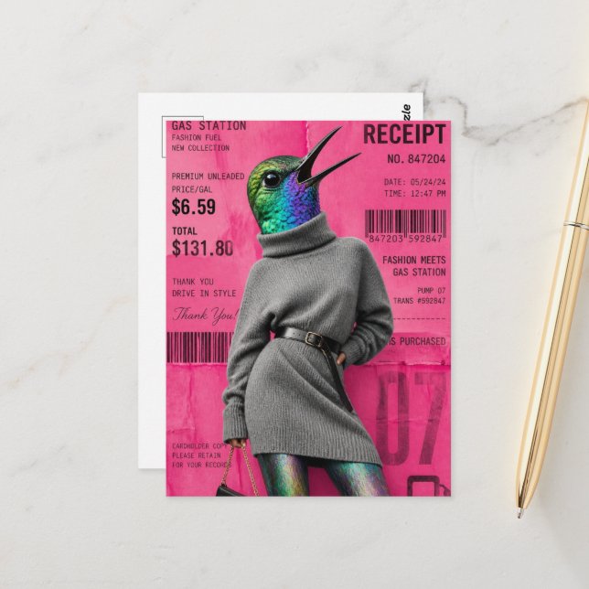 Funny Surreal Gas Station Fashions Hummingbird Postcard (Front/Back In Situ)