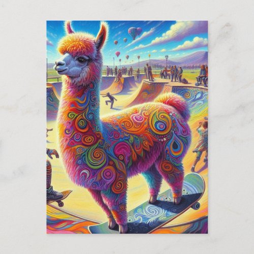 Funny Surreal Llama Skateboarding Postcard