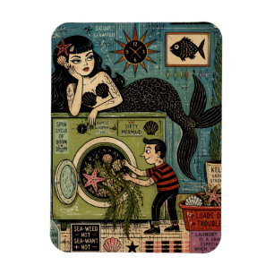 Funny Surreal Mid Century Sea Siren Laundry Day Magnet