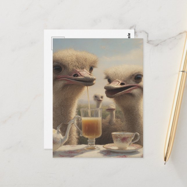 Funny Surreal Ostrich Teatime Postcard (Front/Back In Situ)