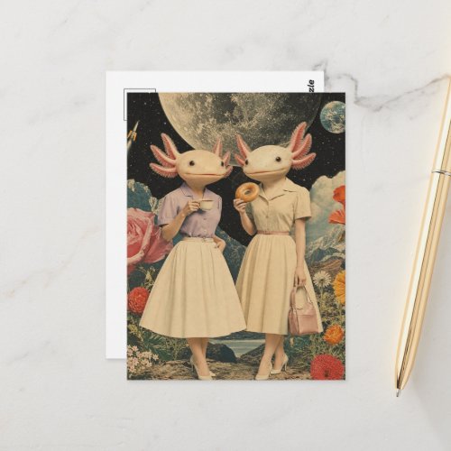 Funny Surreal pair of axolotl breakfast collage Postcard