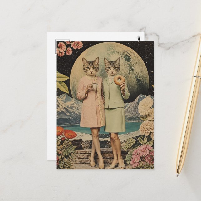 Funny Surreal pair of cat ladies breakfast collage Postcard (Front/Back In Situ)
