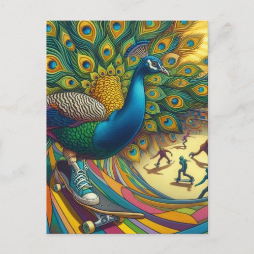 Funny Surreal Peacock Wears Tennis Shoe Skateboard Postcard