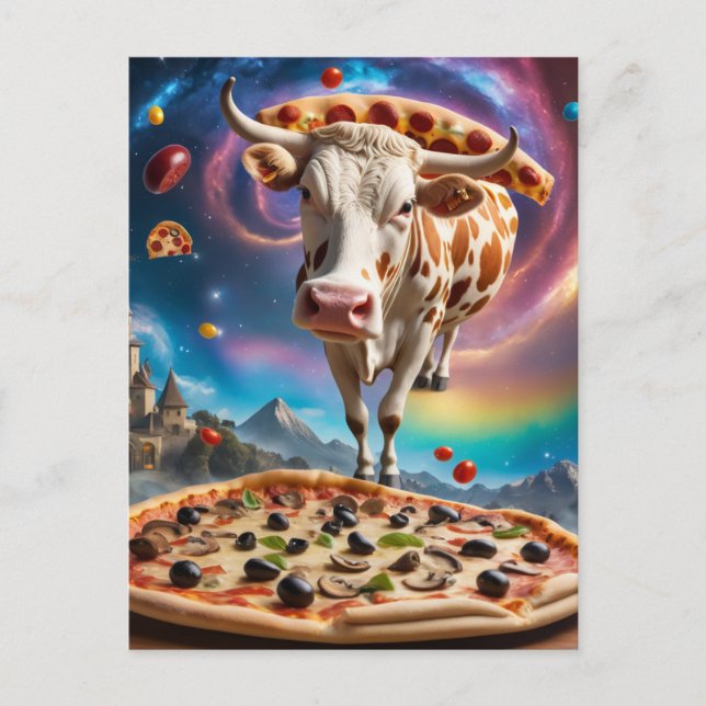 Funny Surreal Pizza Cow Colorful Collage Postcard (Front)