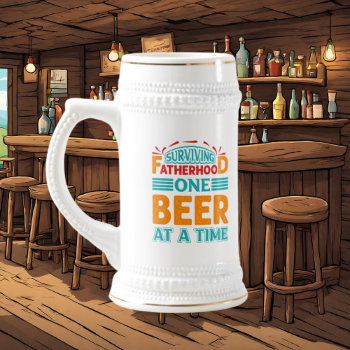 Funny Surviving Fatherhood One Beer Word Art Beer Stein by DoodlesGifts at Zazzle
