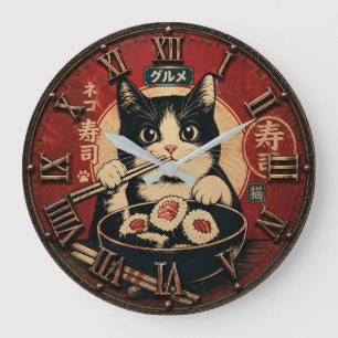 Funny Sushi Cat Japanese Ramen Kitchen Large Clock