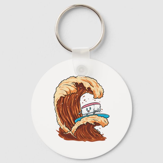 Funny Sushi Surfer Riding Soy Sauce Wave Art  Keychain (Front)