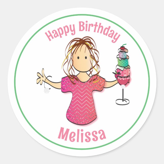 Funny Sweet Female Cartoon Happy Birthday Gift Classic Round Sticker (Front)