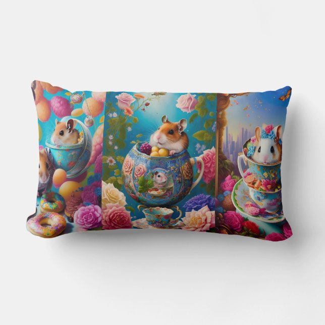 Funny Syrian Hamsters Tea Party Personalized Fleec Lumbar Pillow (Front)