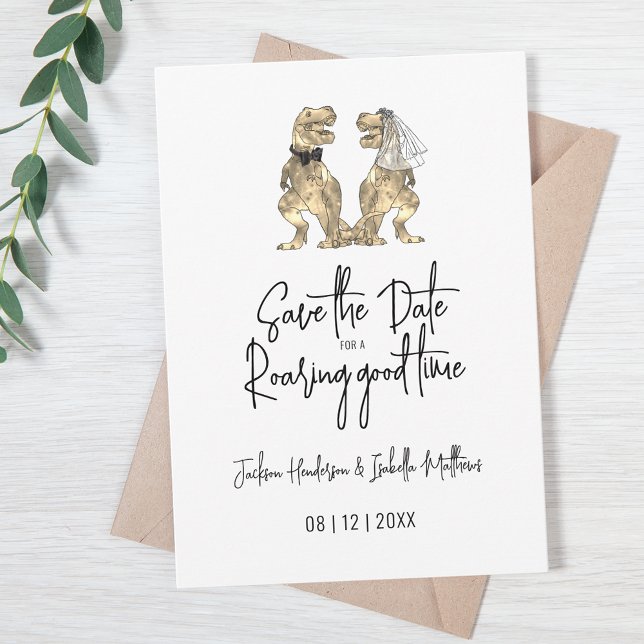 Funny T-Rex Bride and Groom Dinosaur Wedding Save The Date (Funny T-Rex bride and groom dinosaur wedding save the date invitation with modern script)
