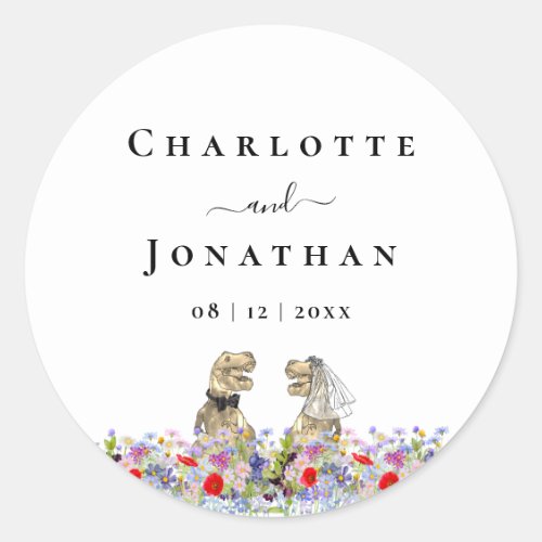 Funny T-Rex Bride & Groom Custom Dinosaur Wedding Classic Round Sticker