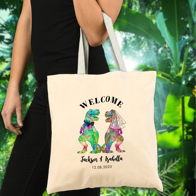 Funny T-Rex Bride & Groom Dinosaur Wedding Welcome Tote Bag (T-Rex bride and groom colorful dinosaur wedding welcome tote bag)