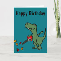 Funny T-rex Dinosaur Blowing Leaves Card