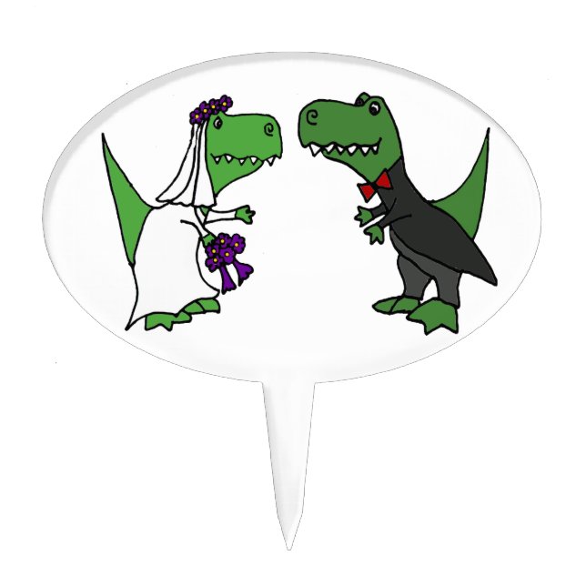 Funny T-rex Dinosaur Bride and Groom Wedding Art Cake Topper (Front)