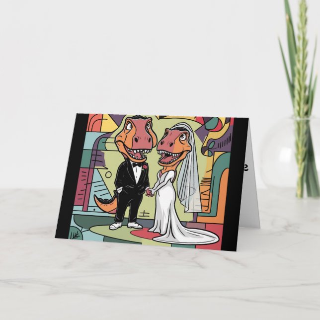 Funny T-rex Dinosaur Bride and Groom Wedding Art Card (Front)