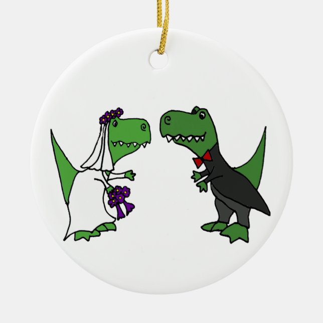 Funny T-rex Dinosaur Bride and Groom Wedding Art Ceramic Ornament (Front)