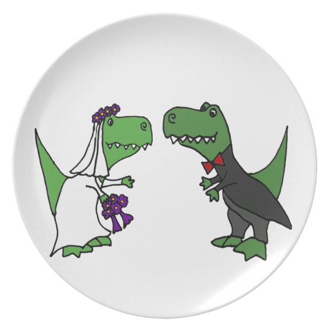 Funny T-rex Dinosaur Bride and Groom Wedding Art Plate (Front)