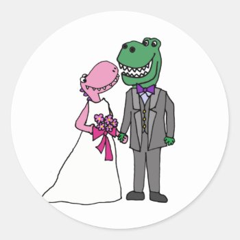 Funny T-rex Dinosaur Bride And Groom Wedding Classic Round Sticker by AllSmilesWeddings at Zazzle