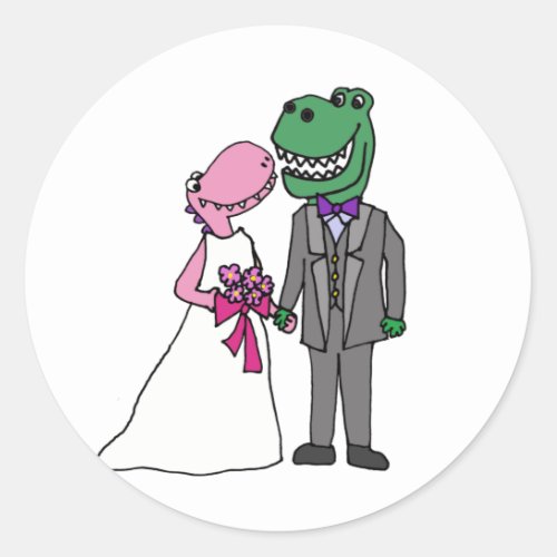 Funny T_rex Dinosaur Bride and Groom Wedding Classic Round Sticker
