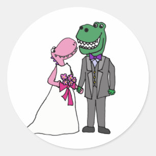 Funny T-rex Dinosaur Bride and Groom Wedding Classic Round Sticker