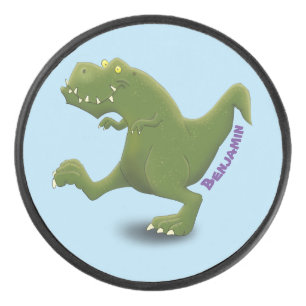 Funny T rex dinosaur cartoon humor Hockey Puck