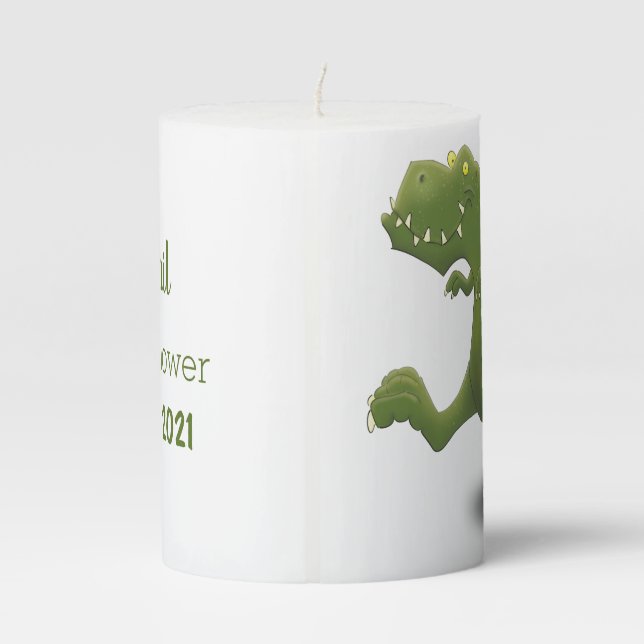Funny T rex dinosaur cartoon humor Pillar Candle (Back)