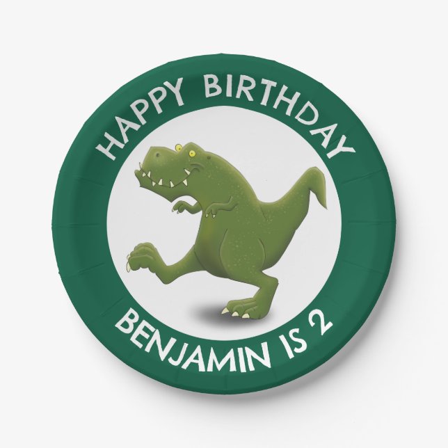 Funny t rex dinosaur cartoon personalized paper plates (Front)
