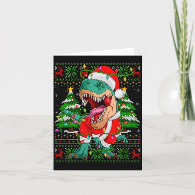 Funny T-rex Dinosaur Christmas Lights Ugly Xmas Sw Card (Front)