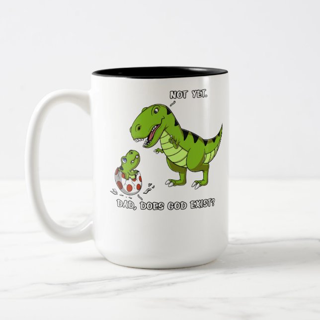 Funny T-Rex Dinosaur Dad Does God Exist Atheist Two-Tone Coffee Mug (Left)