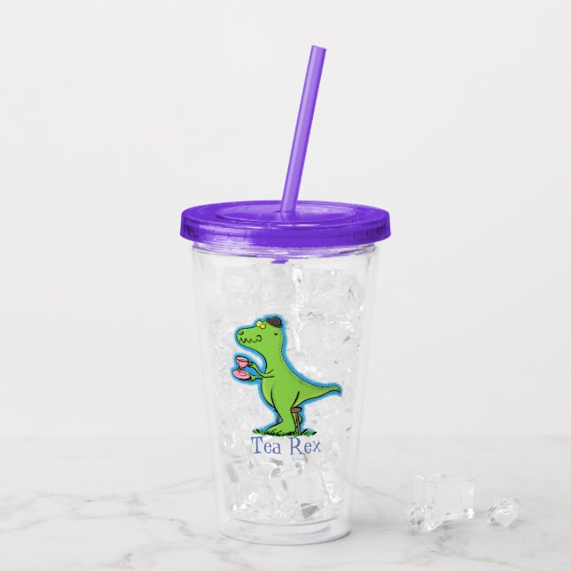 Funny T rex dinosaur drinking tea cartoon Acrylic Tumbler (Back Ice)