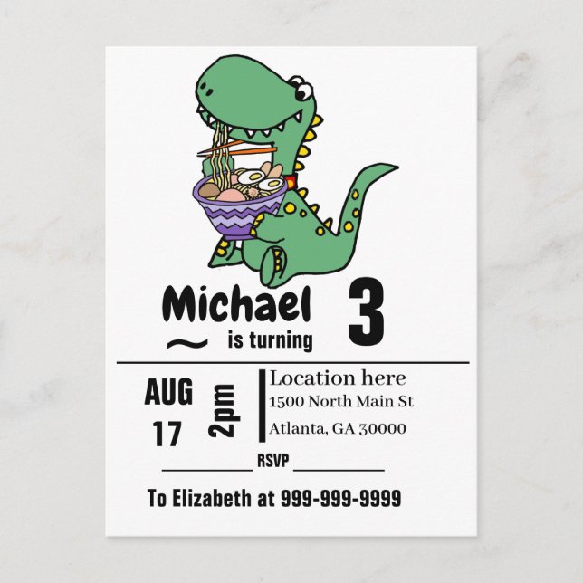 Funny T-rex Dinosaur eating Ramen Noodles Invitation Postcard (Front)