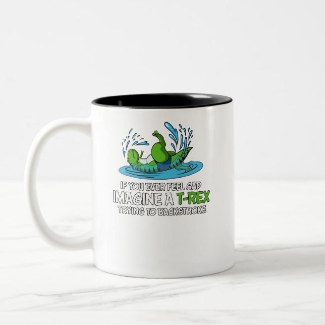 Funny T-Rex Dinosaur Hates Backstroke Swimming Two-Tone Coffee Mug (Left)