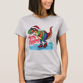 Funny T-rex Dinosaur Ice Skating Merry Christmas T-Shirt