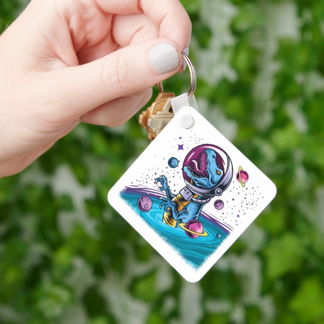 Funny T-Rex Dinosaur in Space Keychain (Hand)