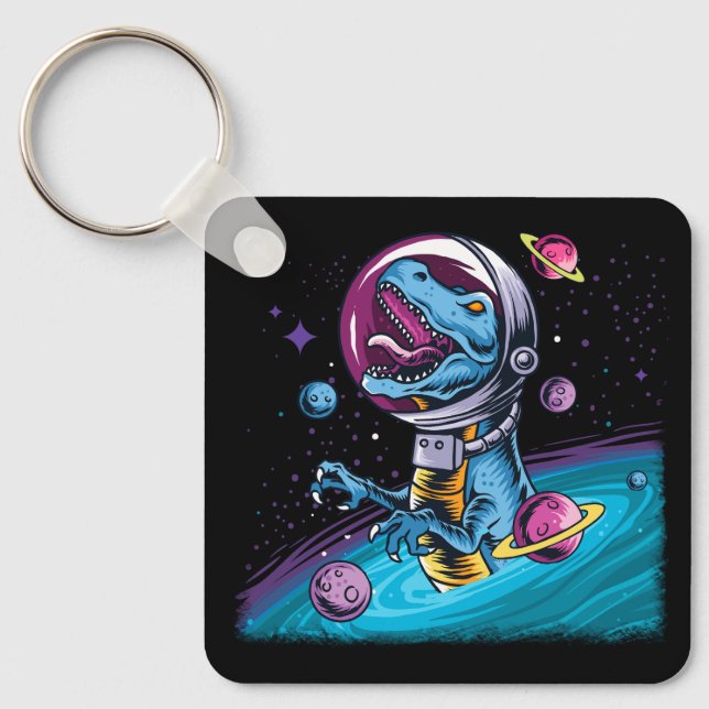 Funny T-Rex Dinosaur in Space Keychain (Front)