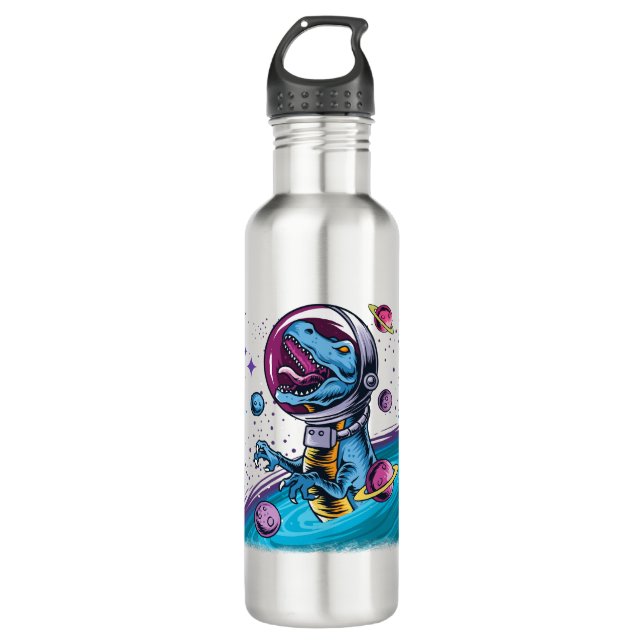Funny T-Rex Dinosaur in Space Stainless Steel Water Bottle (Front)