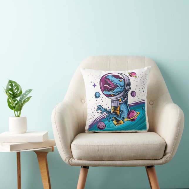 Funny T-Rex Dinosaur in Space Throw Pillow (Chair)