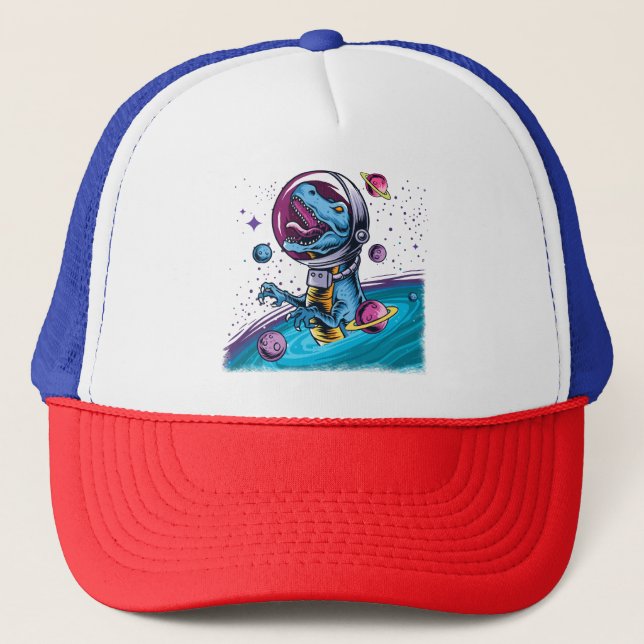 Funny T-Rex Dinosaur in Space Trucker Hat (Front)