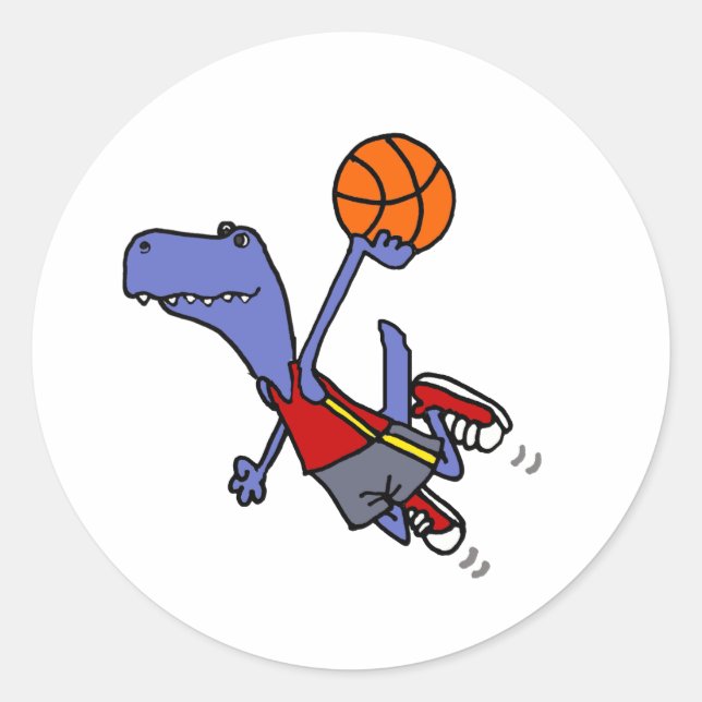 Funny T-rex Dinosaur Playing Basketball Classic Round Sticker (Front)