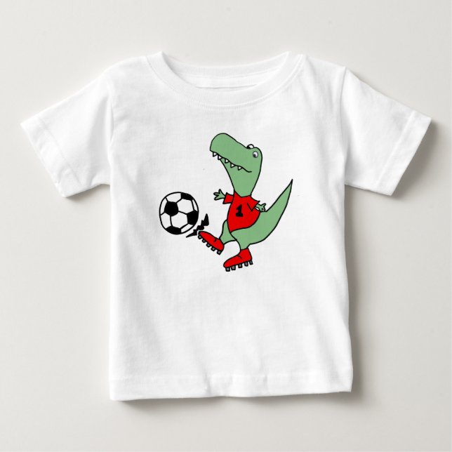 Funny T-rex Dinosaur Playing Soccer Baby T-Shirt (Front)