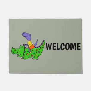 Funny T-rex Dinosaur Riding Alligator Doormat