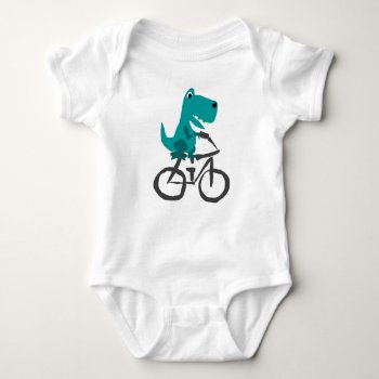 Funny T-rex Dinosaur Riding Bicycle Cartoon Baby Bodysuit by naturesmiles at Zazzle