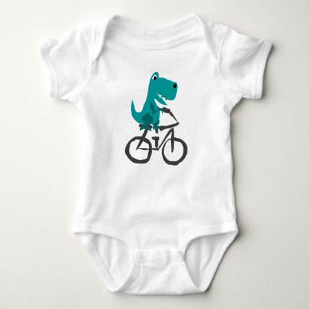 Funny T-rex Dinosaur Riding Bicycle Cartoon Baby Bodysuit